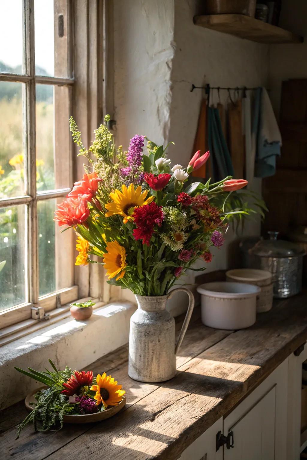 An eco-friendly flower arrangement with local and seasonal blooms.