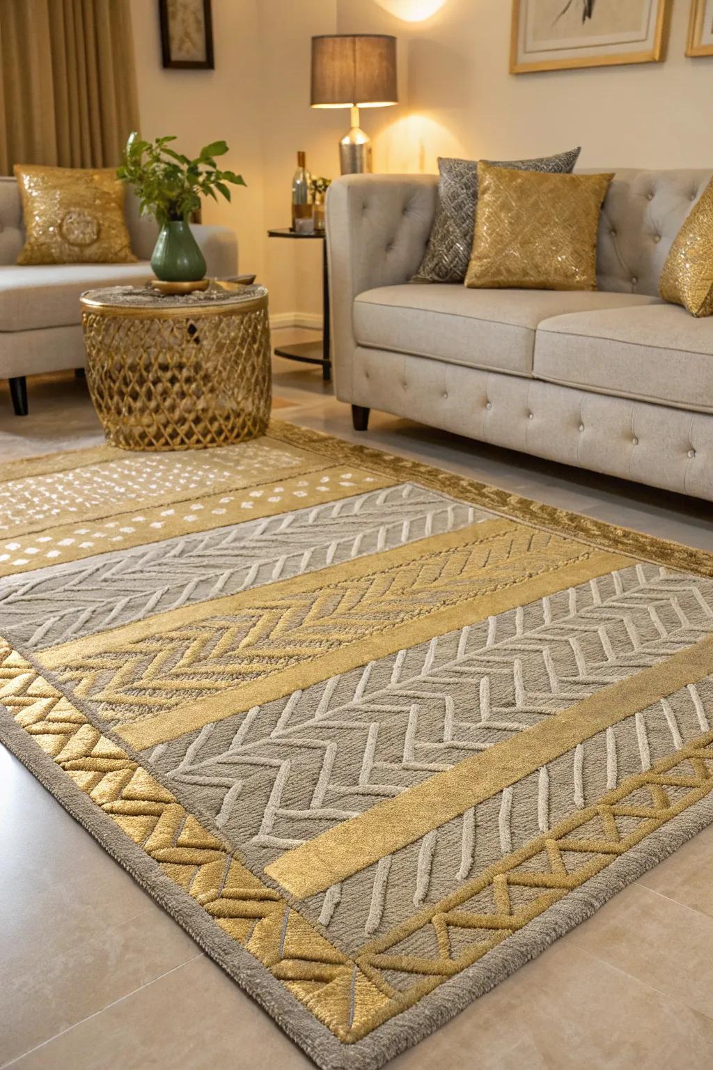 A metallic woven rug adds texture and elegance to the room.