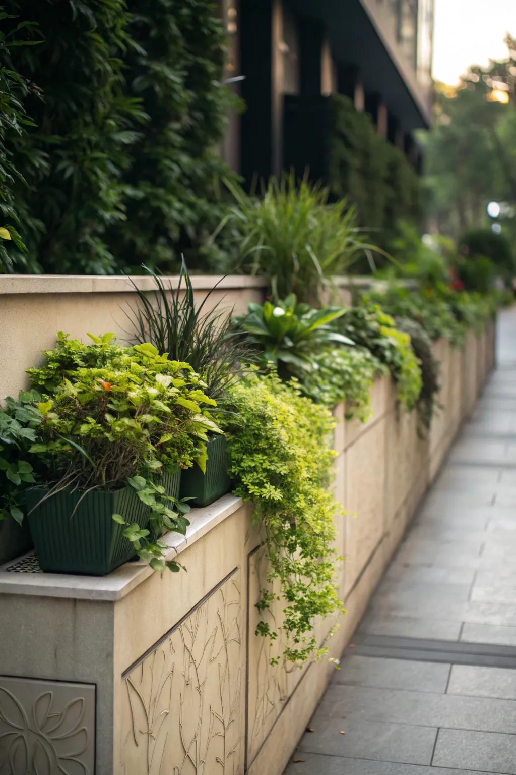 A half wall adorned with planters brings nature indoors.