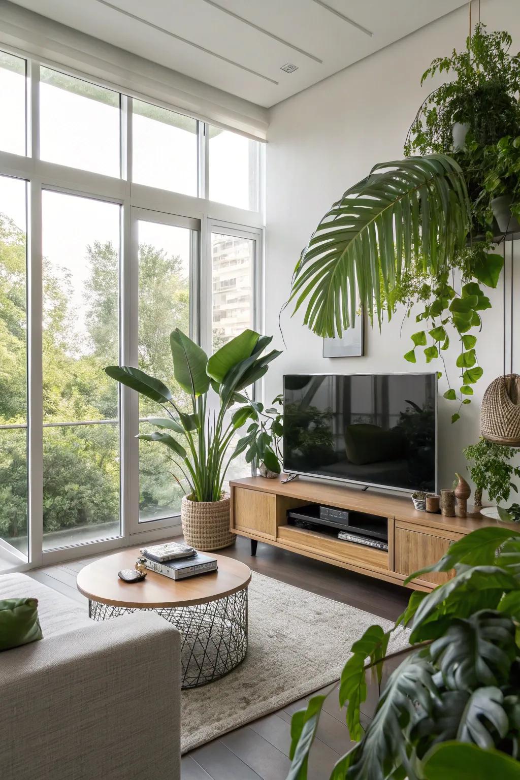 Greenery adds vibrancy and freshness to a living room.