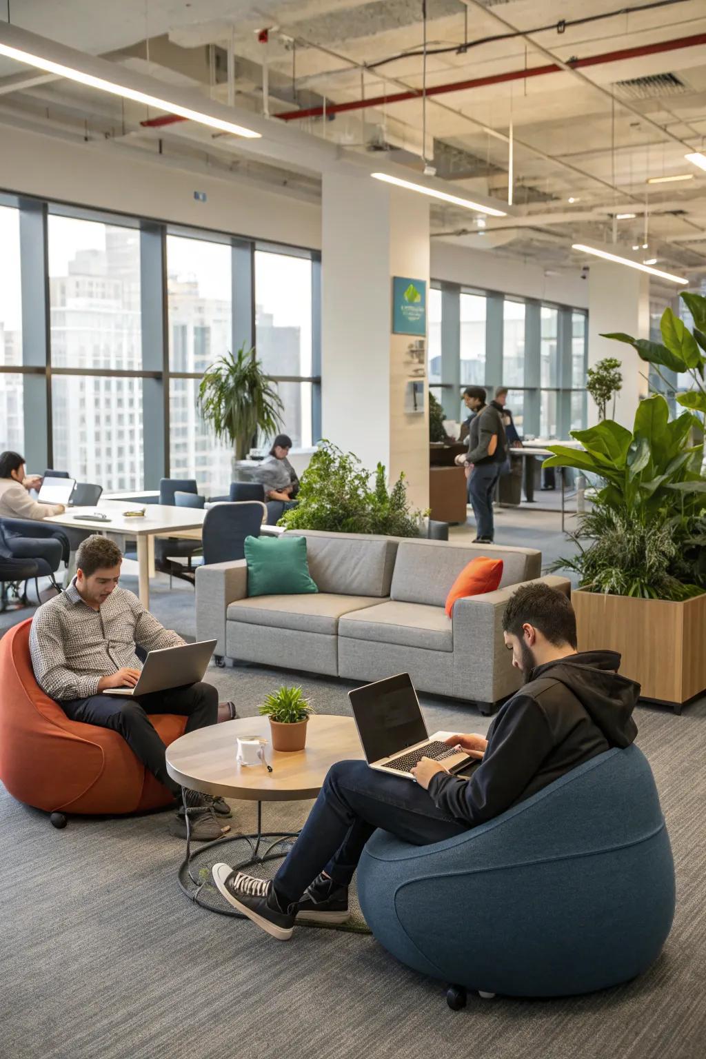 An office showcasing varied seating options with ergonomic chairs and lounges.