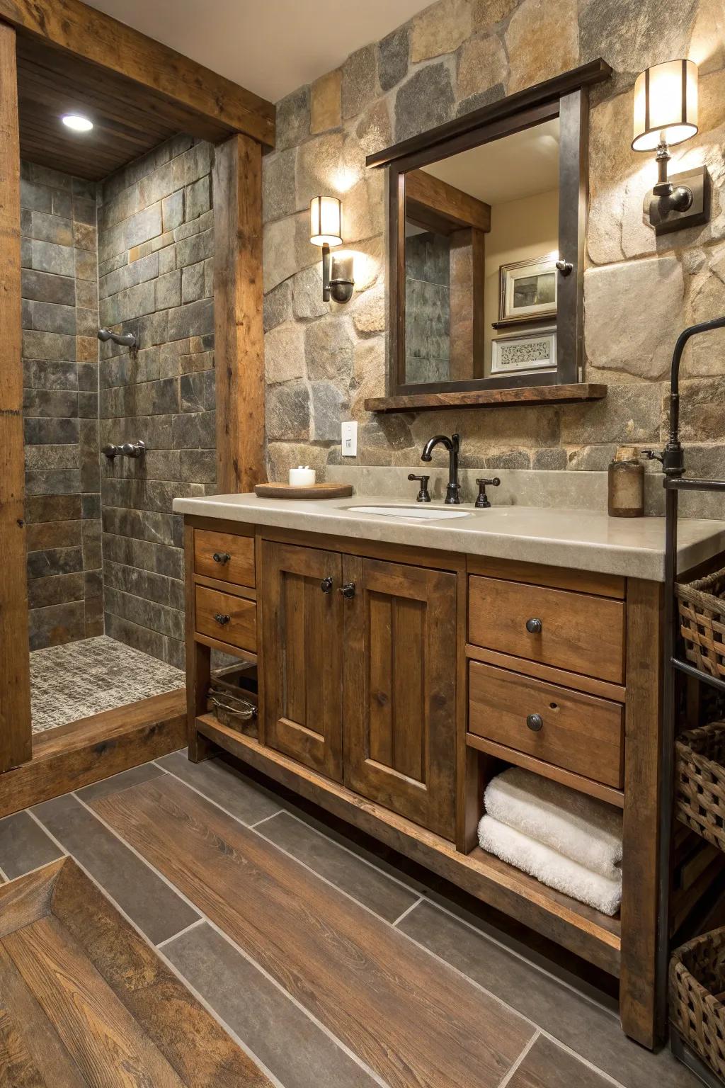 Layered textures providing depth and interest in the rustic design.