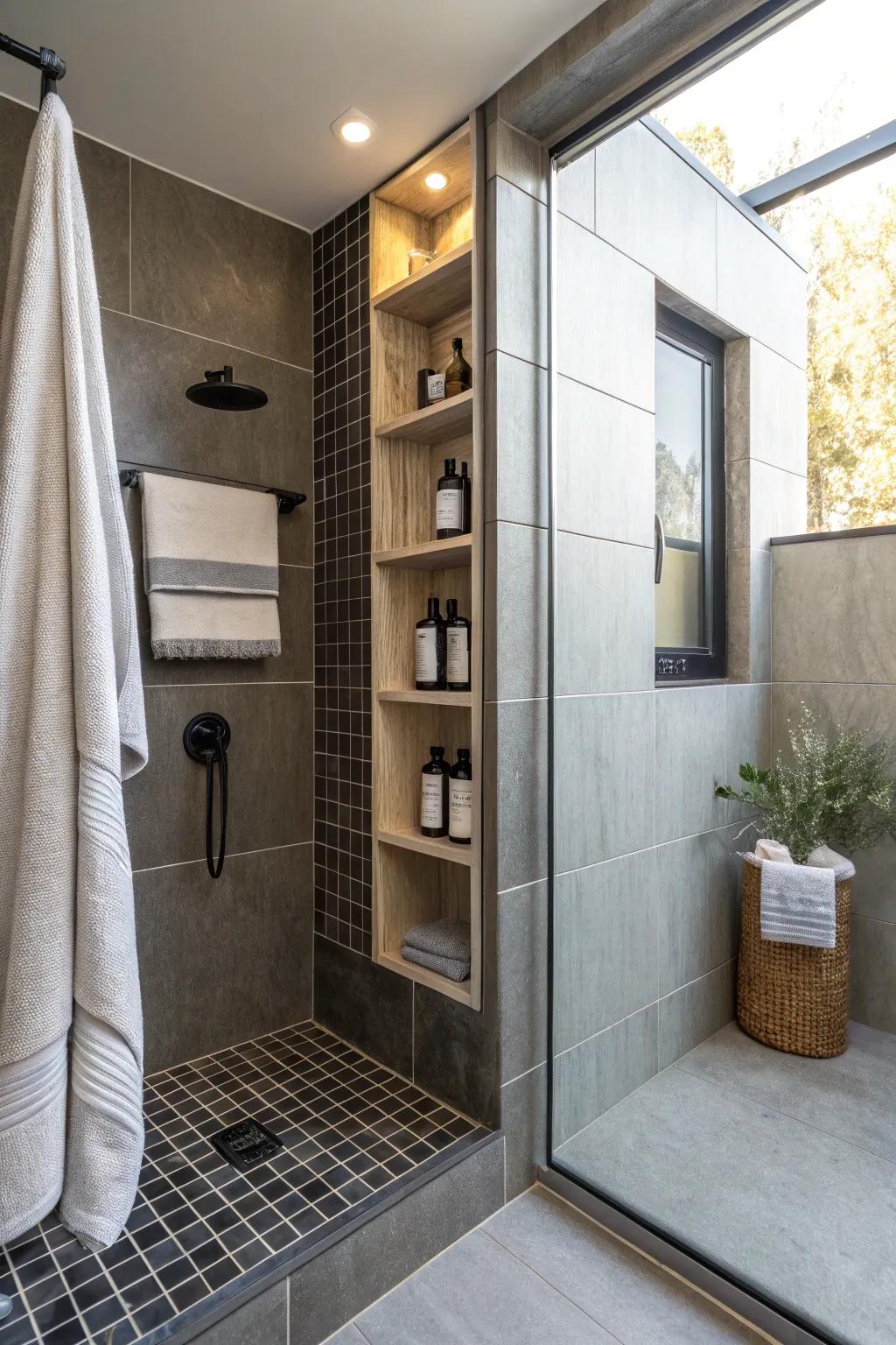 A shower featuring integrated shelving that combines storage with style.