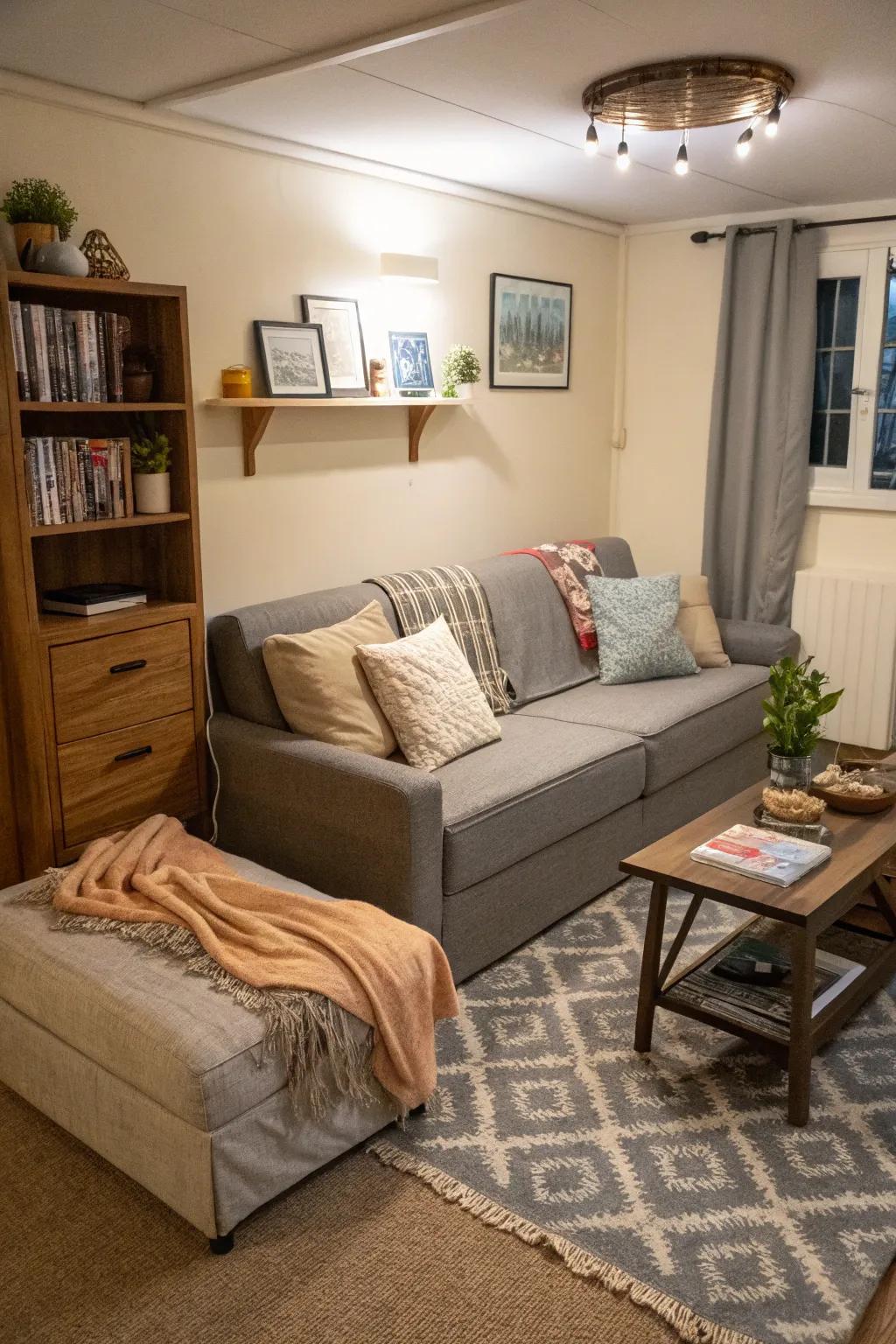 A small living room with multifunctional furniture like a sofa bed.