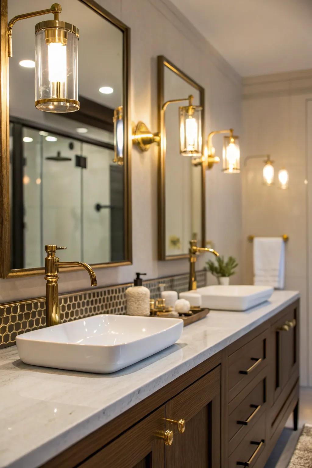 Warm brass accents enhance bathroom sophistication.