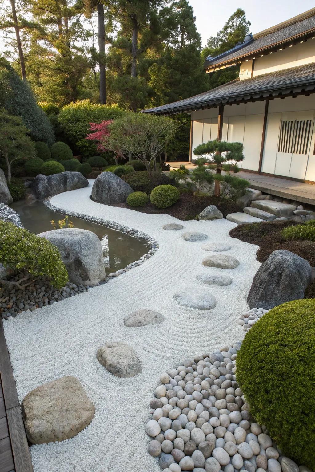 A serene Zen garden featuring white rocks, perfect for a tranquil backyard escape.