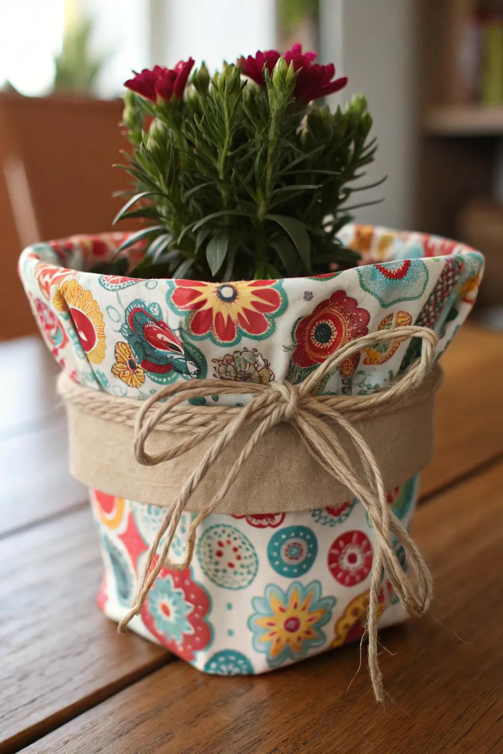 A flower pot wrapped in fabric for a unique touch.