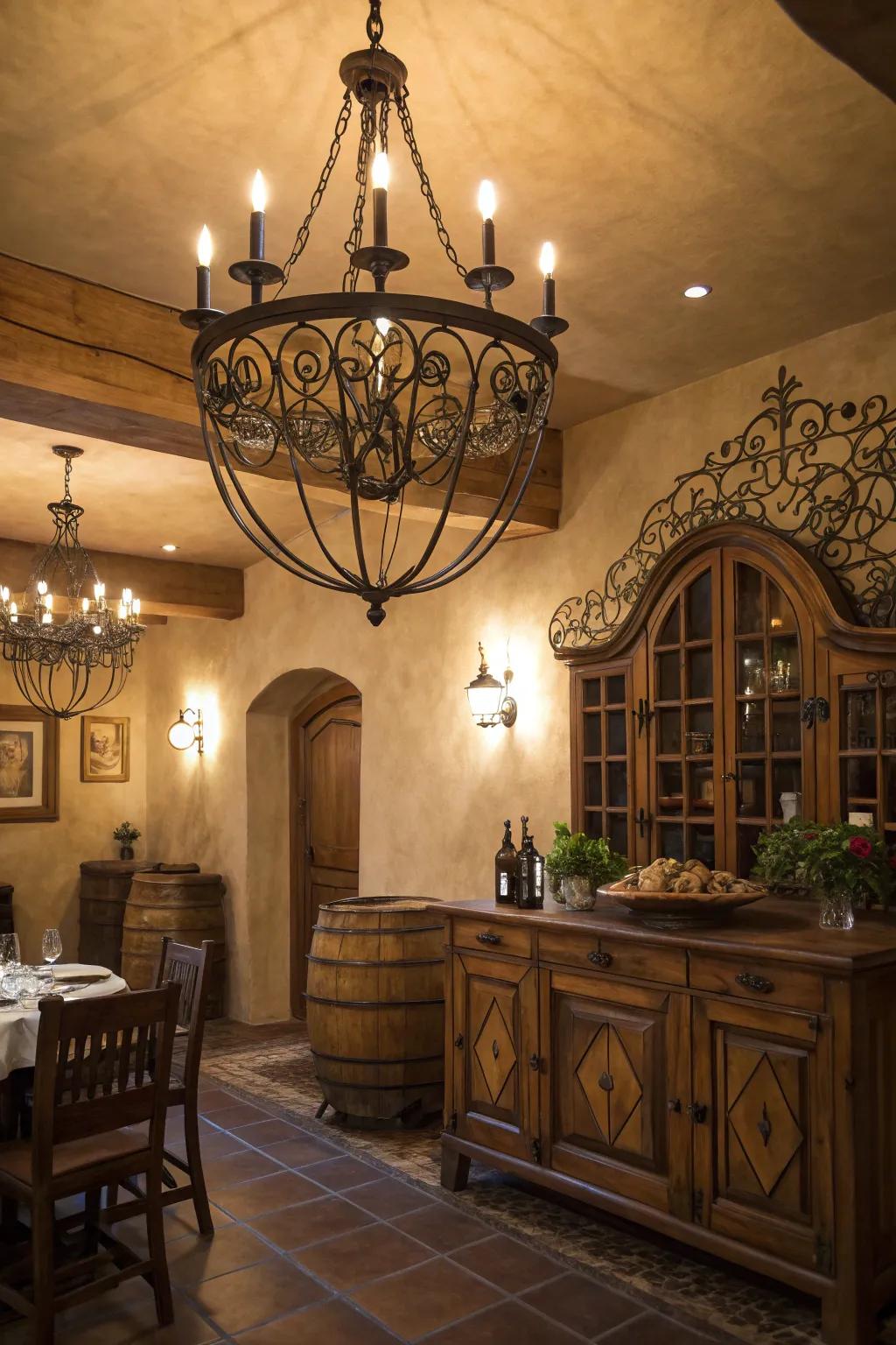 A room illuminated by charming rustic lighting fixtures.