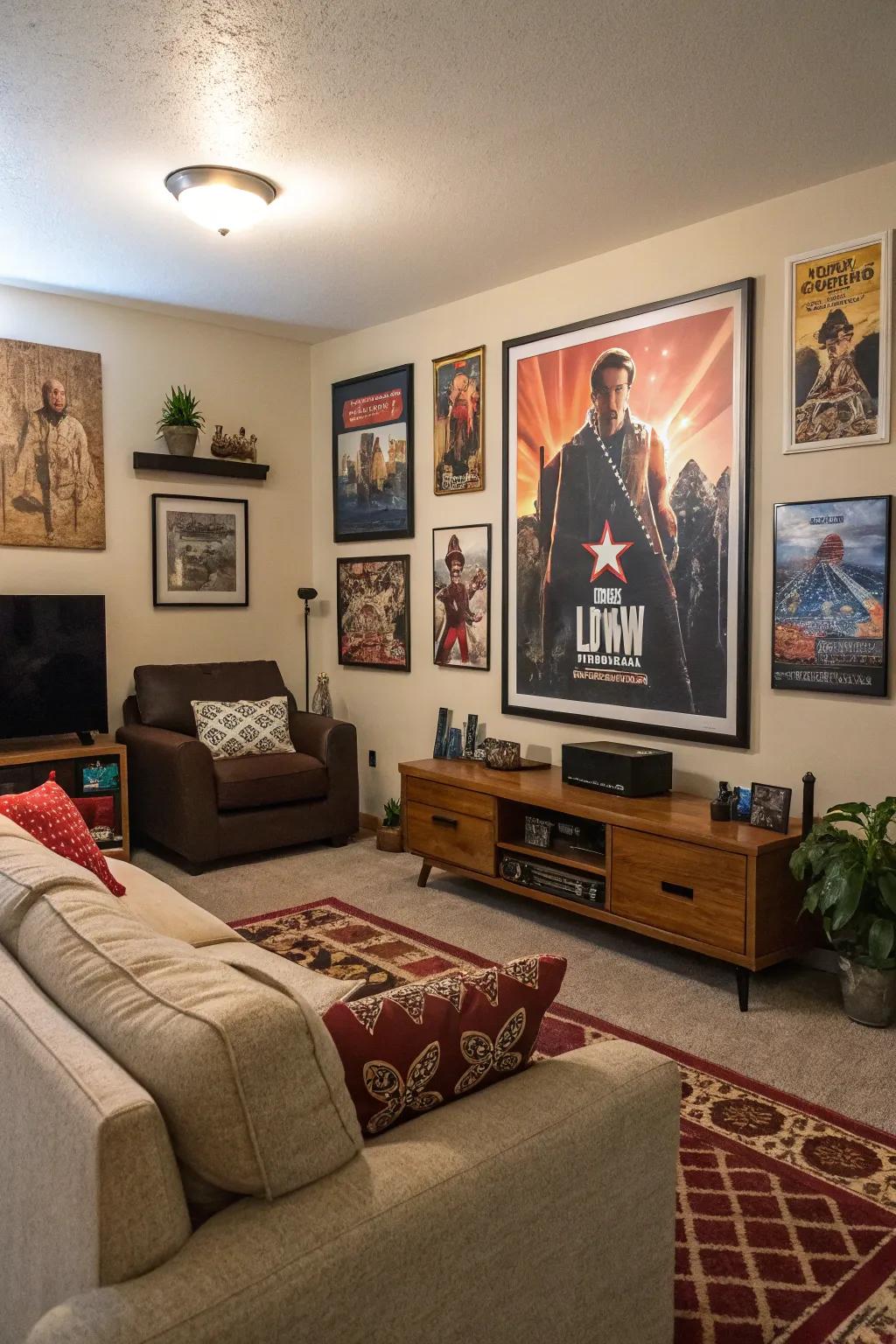 A living room showcasing artwork with iconic movie references.