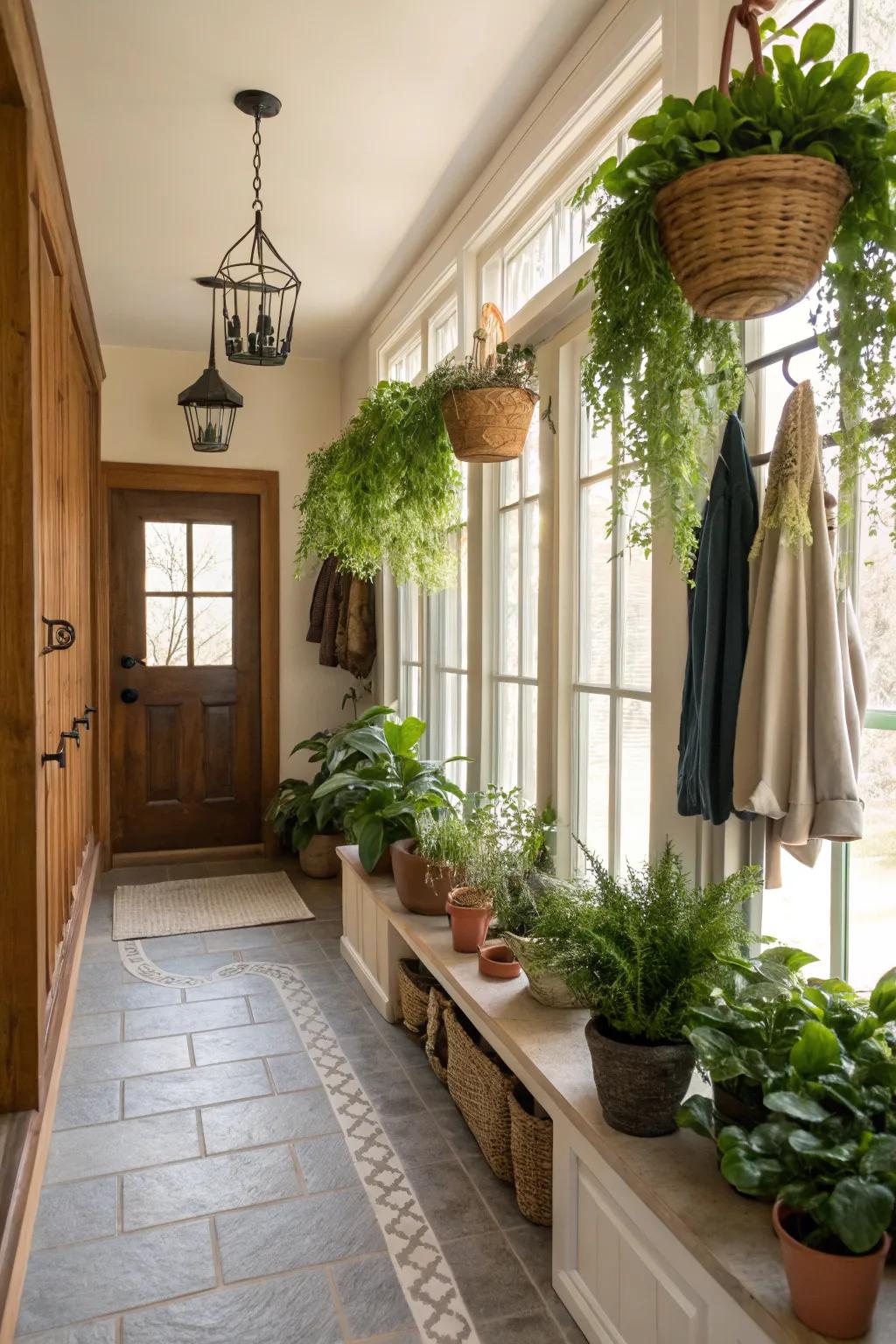 Greenery adds a refreshing touch to any mudroom space.