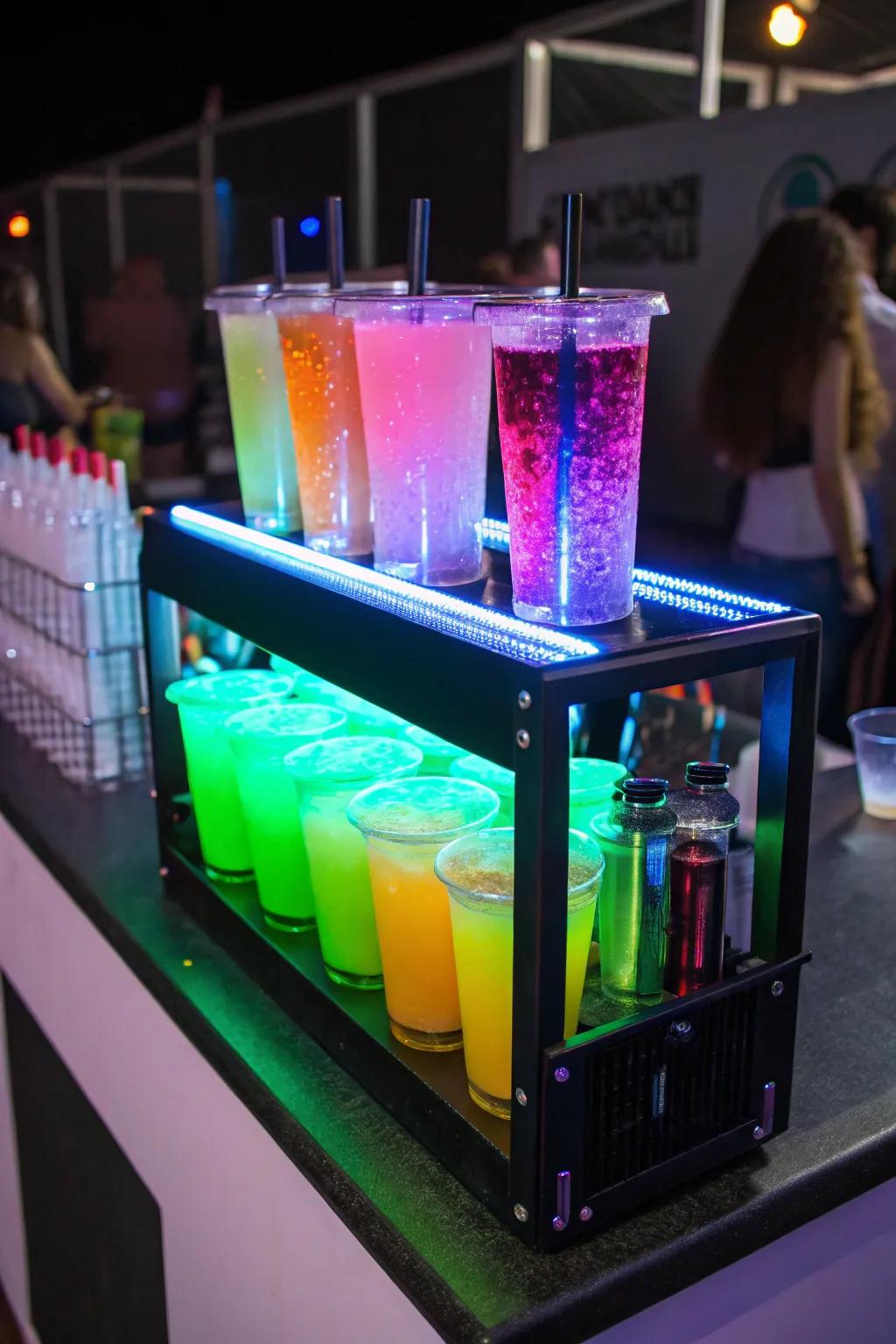 A neon drink station with beverages glowing under blacklight, featuring colorful and eye-catching cocktails.