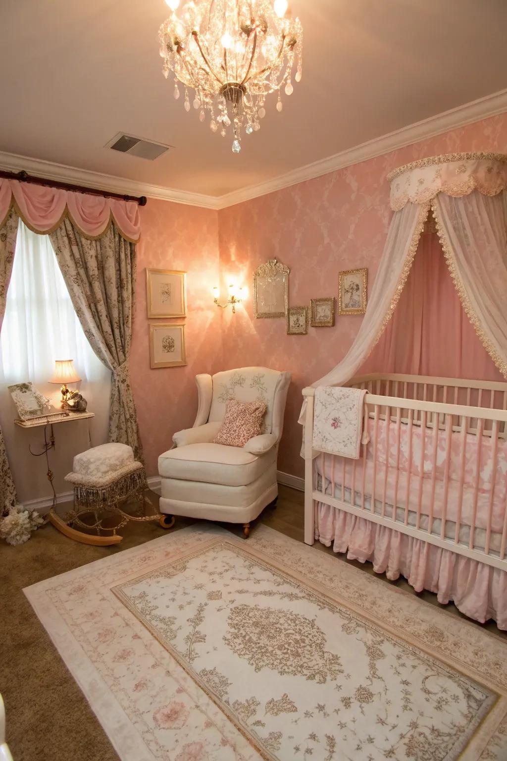 An elegant nursery with sultry rose pink walls.