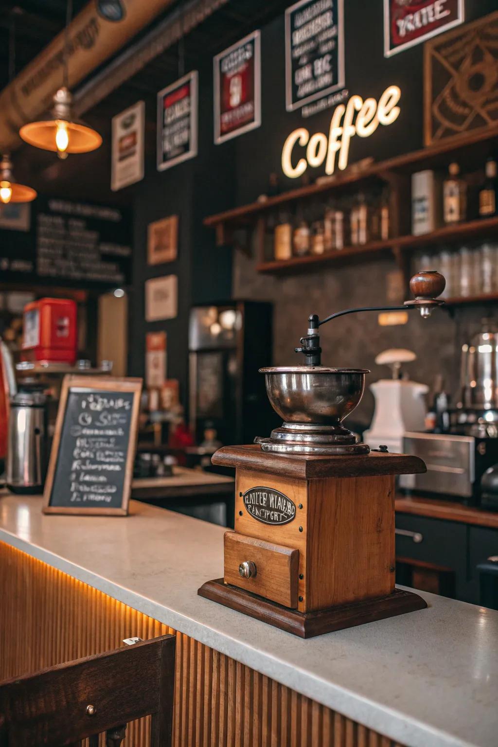 Vintage elements bring warmth and character to your coffee bar.