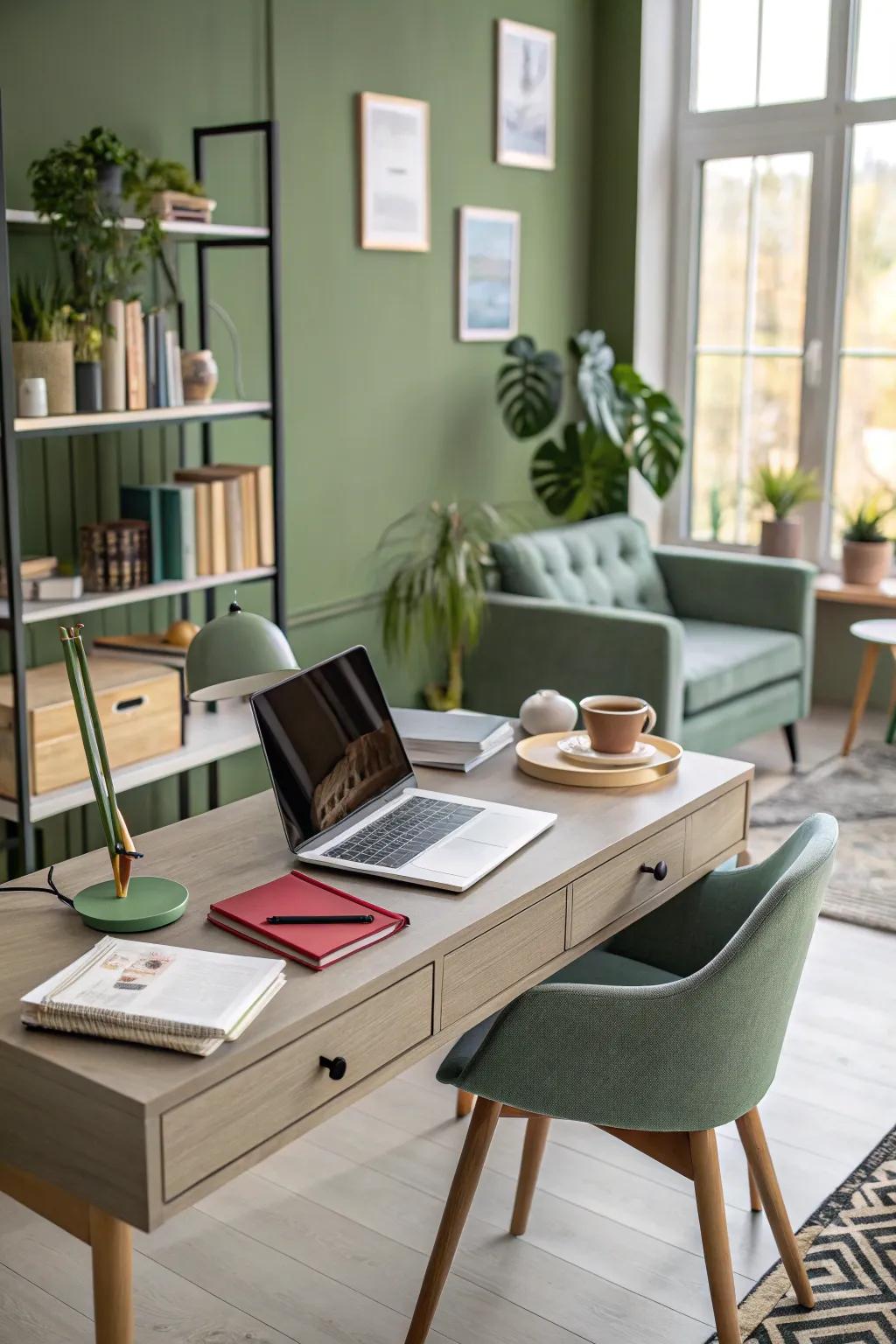 Olive green walls inspire creativity in the home office.