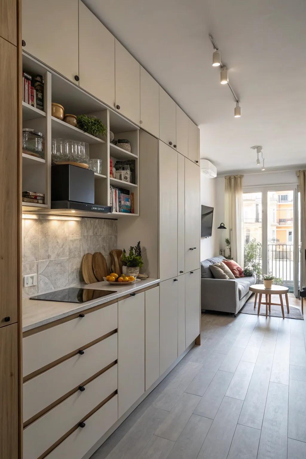 Vertical storage solutions maximize space in a one-wall kitchen.