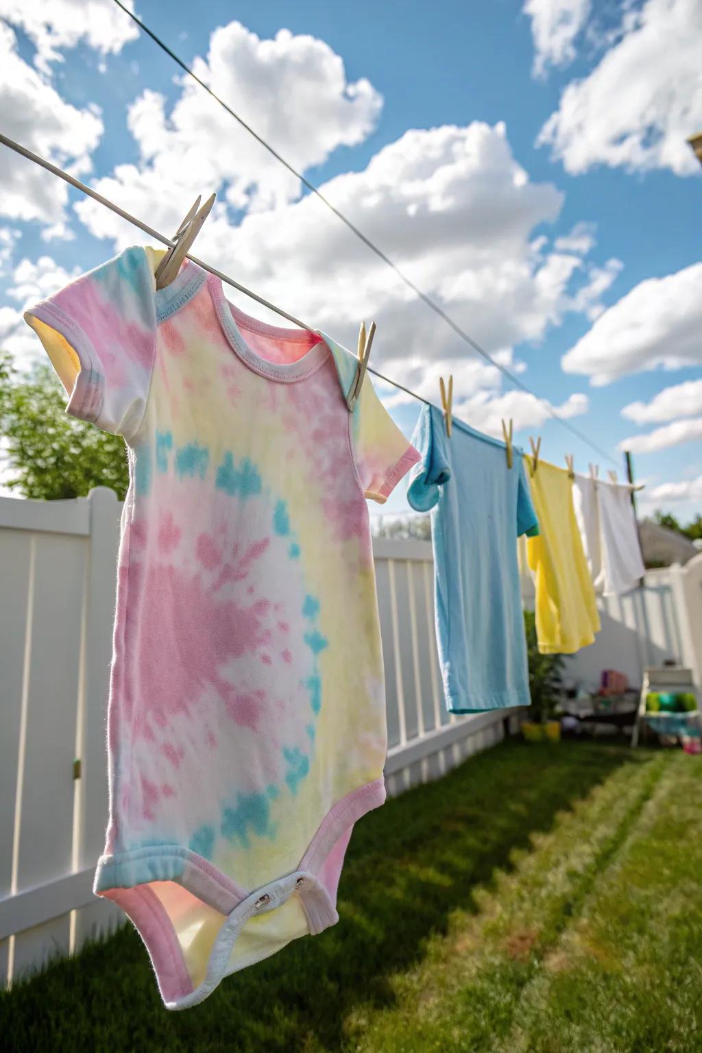 A boho-inspired tie-dye onesie with pastel hues.