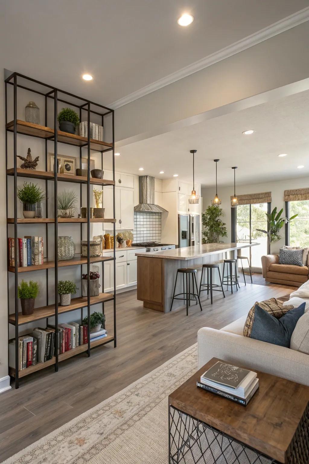 Open shelving acts as a subtle room divider in a spacious design.