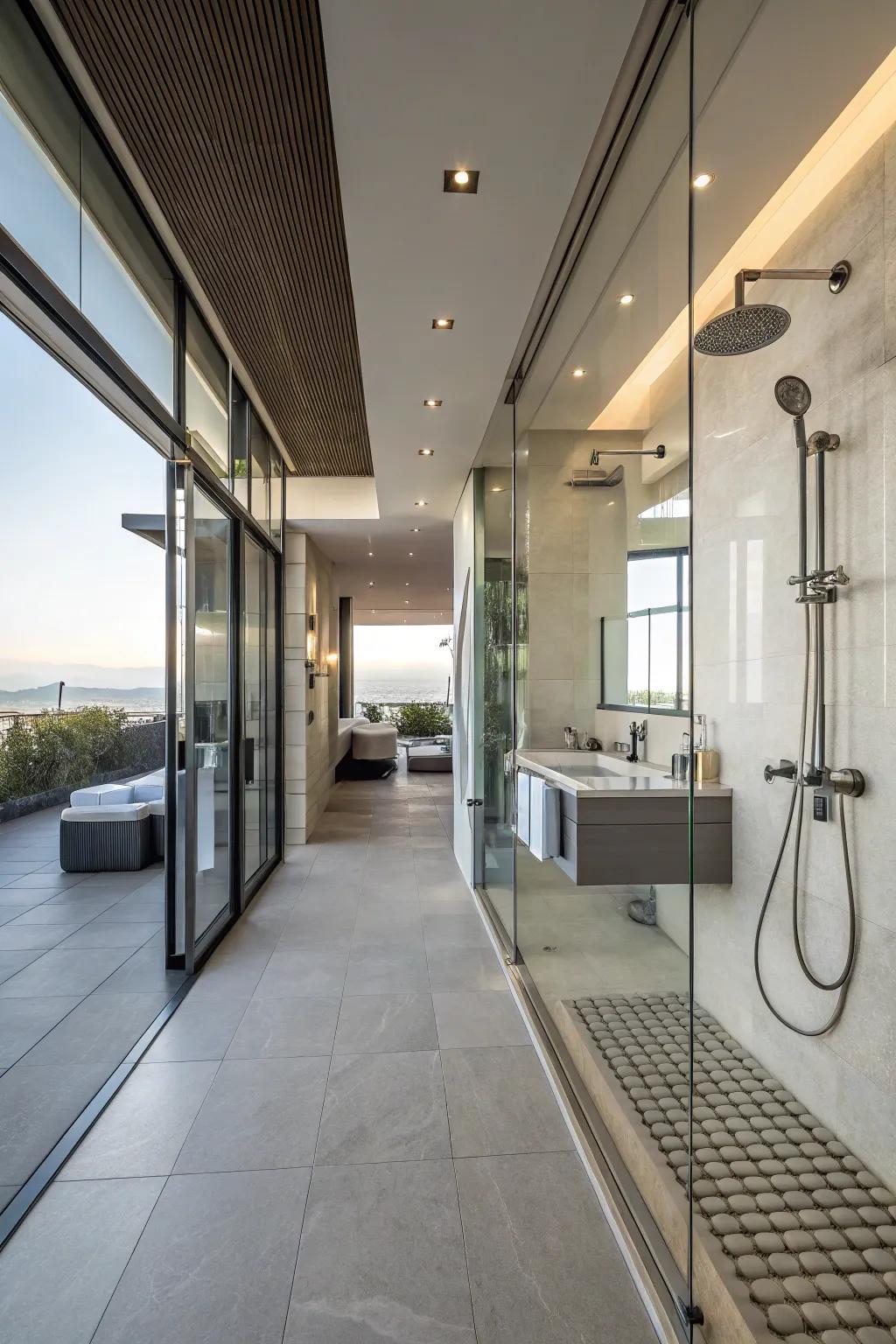 Modern fixtures elevate the style and functionality of your open shower.