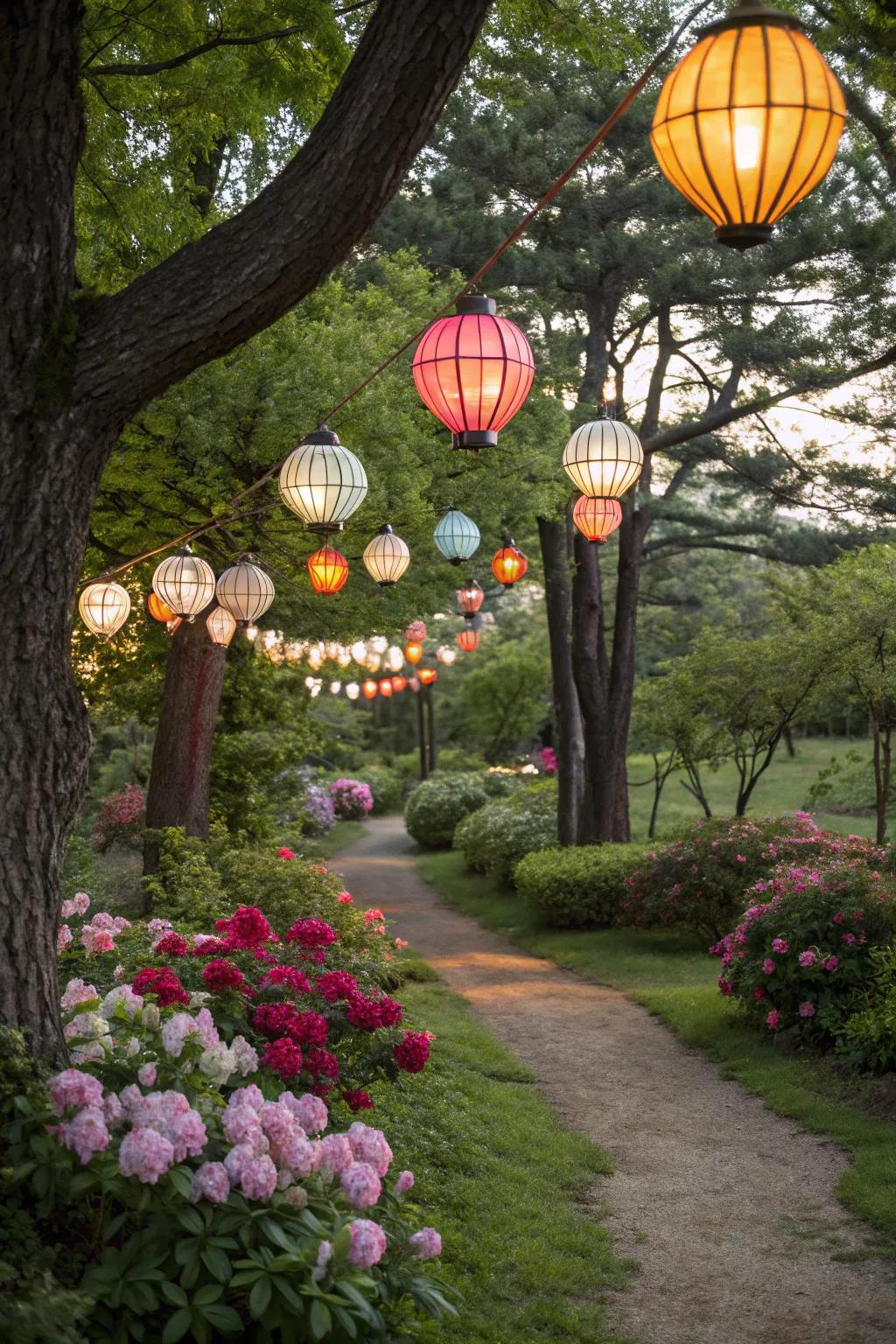 Hanging lanterns add a whimsical touch to outdoor settings.