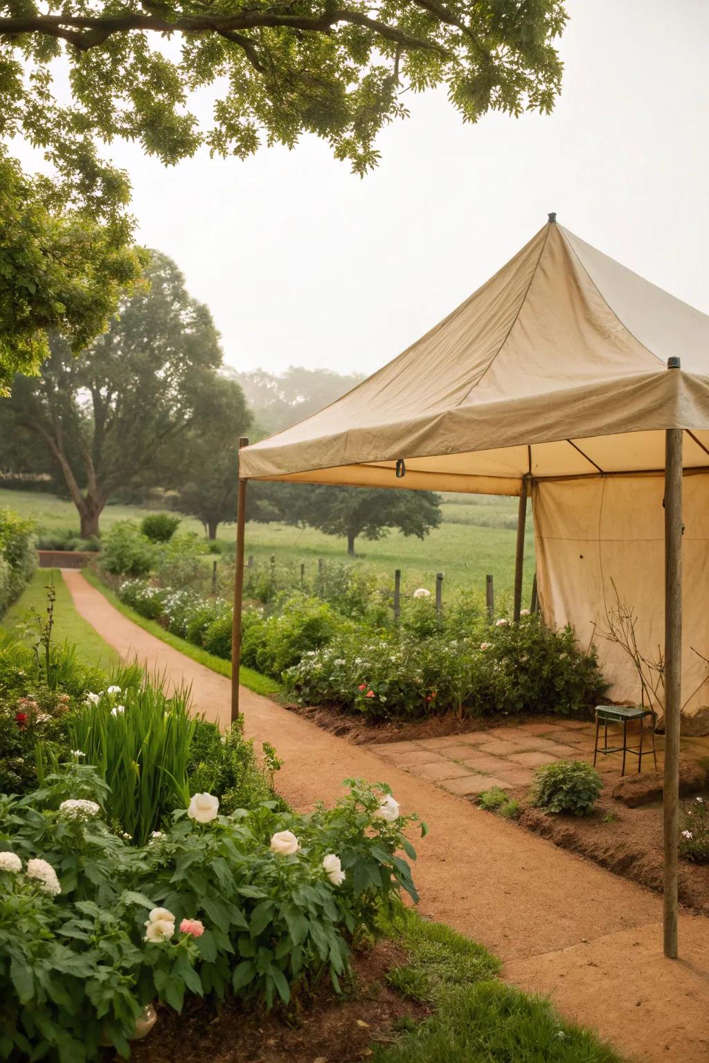 A canvas canopy offers a budget-friendly and charming shade solution.