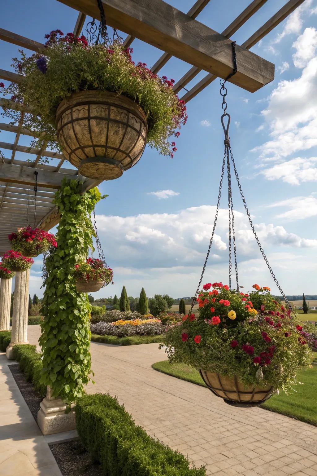 Hanging baskets adding vertical elegance to the garden.