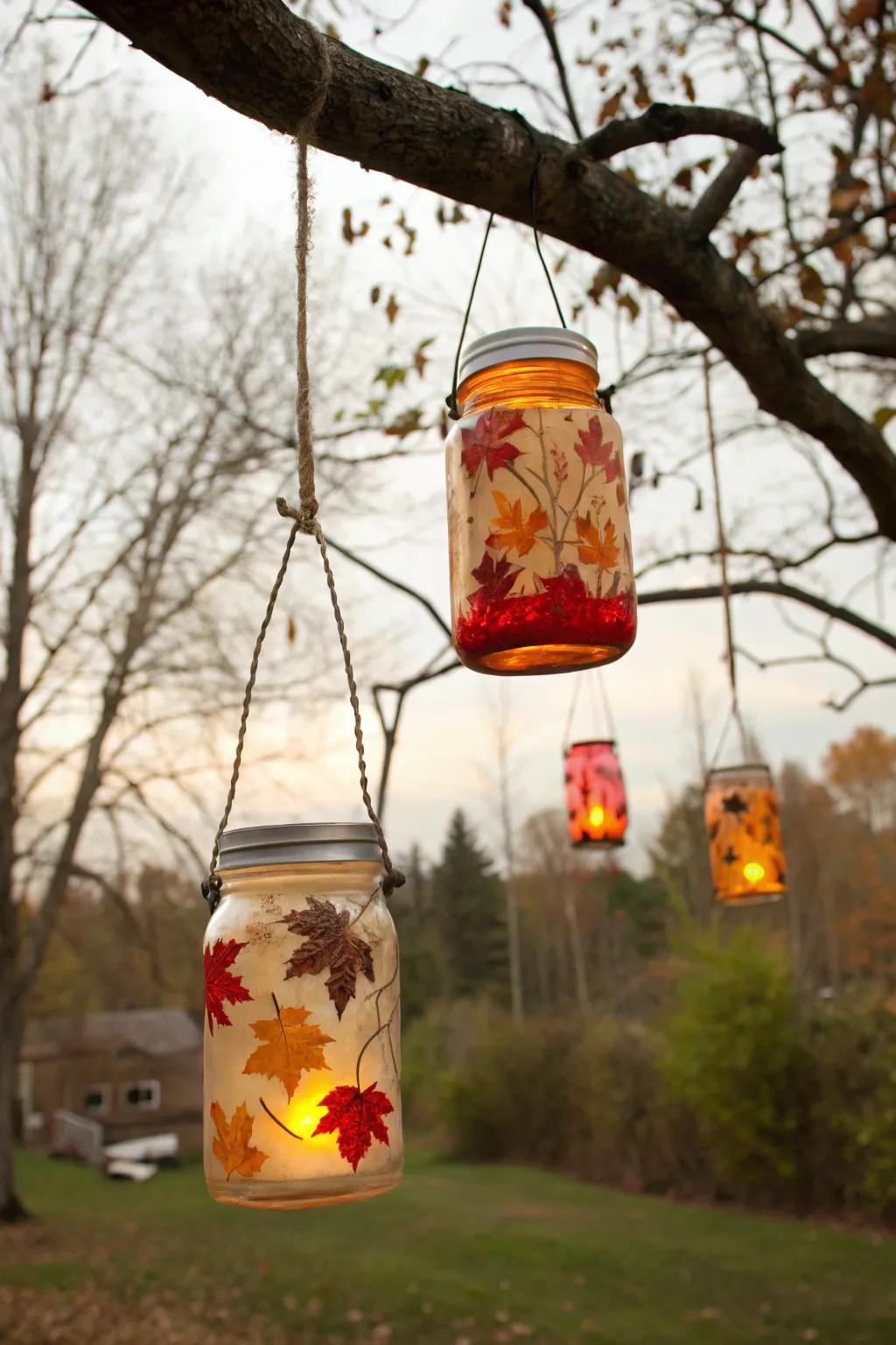 DIY mason jar candle holders add a warm glow to your outdoor space.