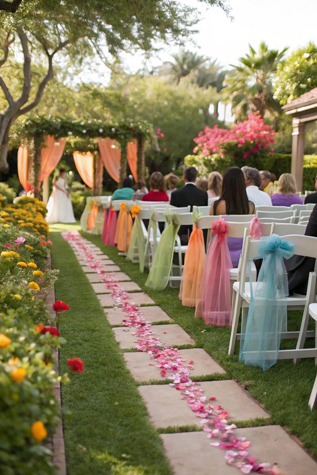 Colorful chair fabrics add vibrancy to the wedding aisle.