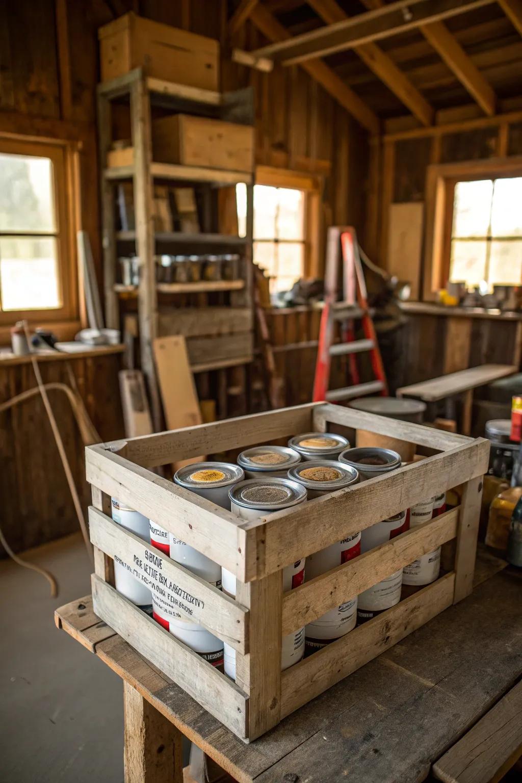 Custom wooden crate designed for storing paint cans.