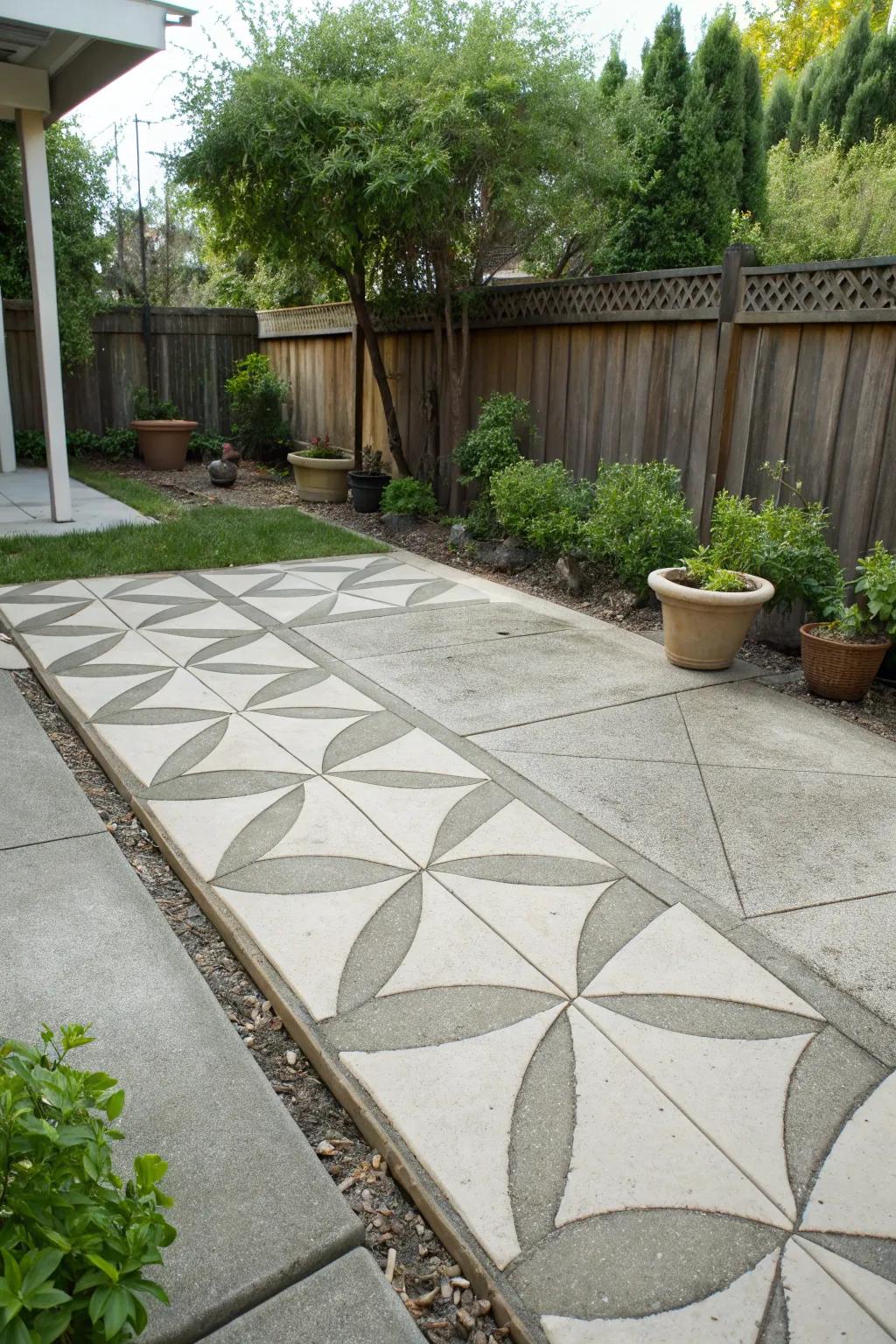 Optical illusion patterns on a patio create an intriguing visual effect.