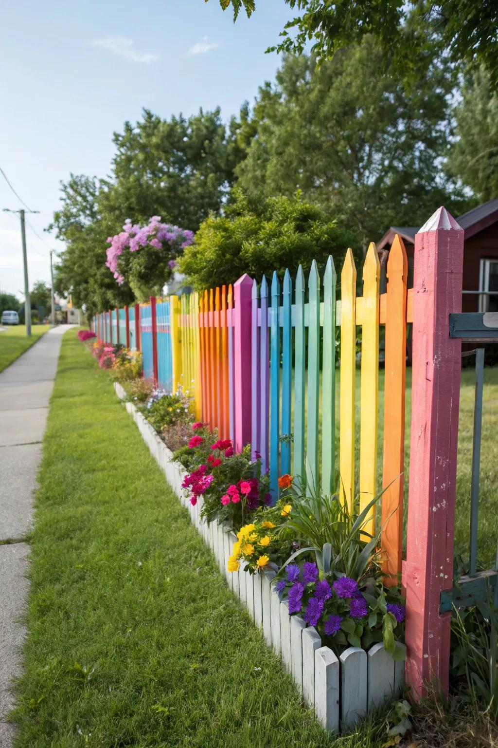 A whimsical picket fence showcasing a rainbow of colors.