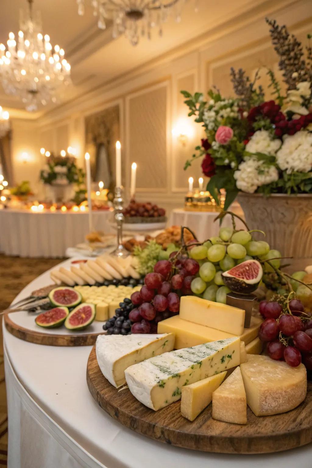 Sophisticated pairings of cheese and fruit adding depth to the dessert table.