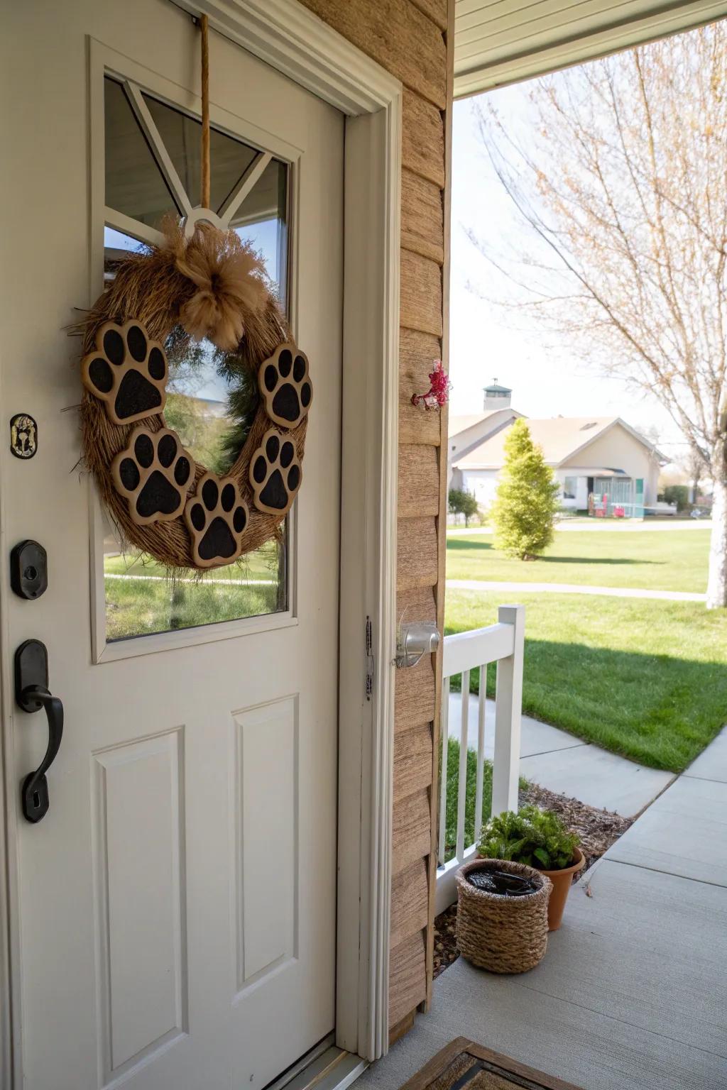 A welcoming paw print wreath on a front door.