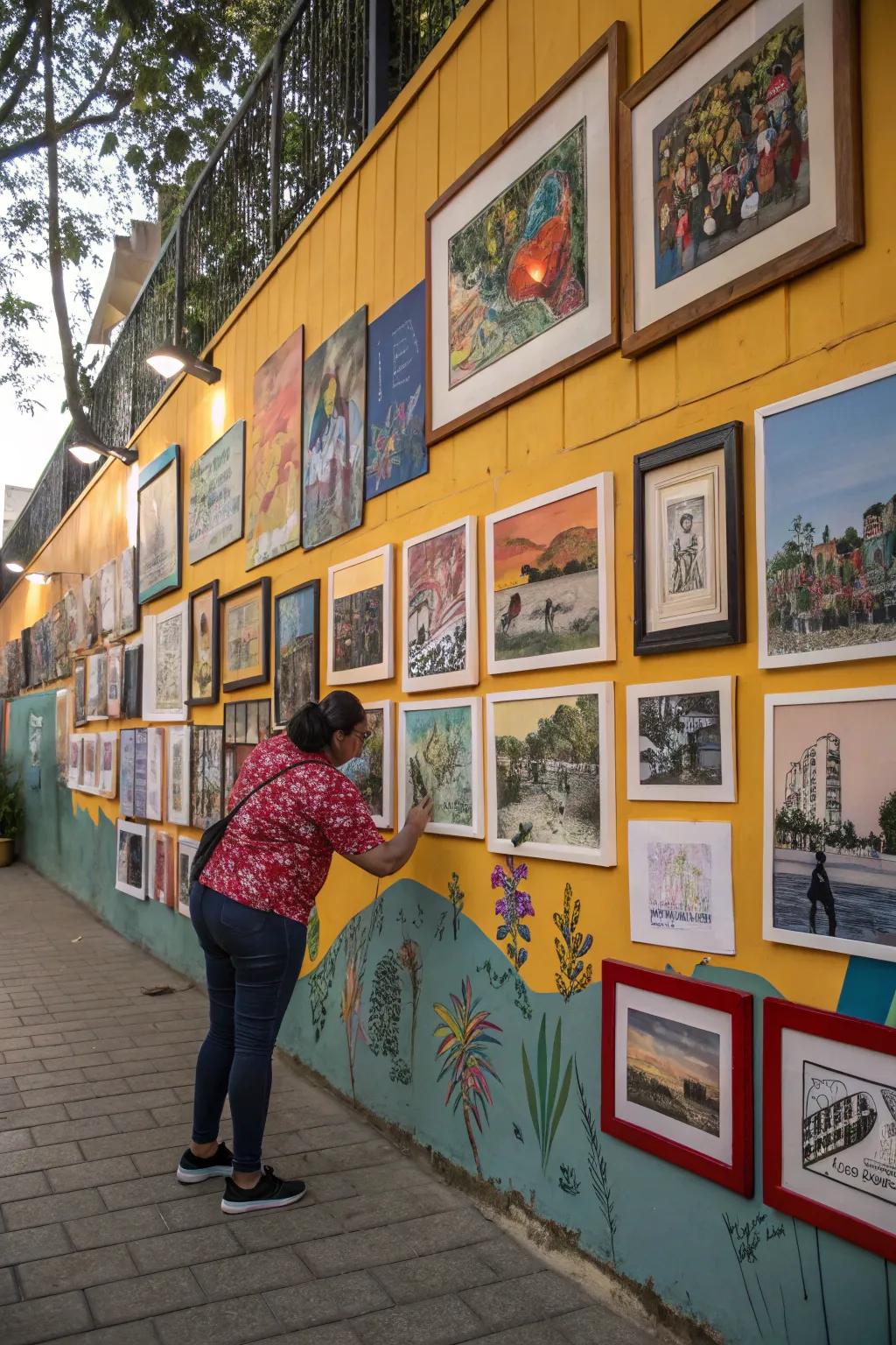 Mixed media picture wall for dynamic storytelling.