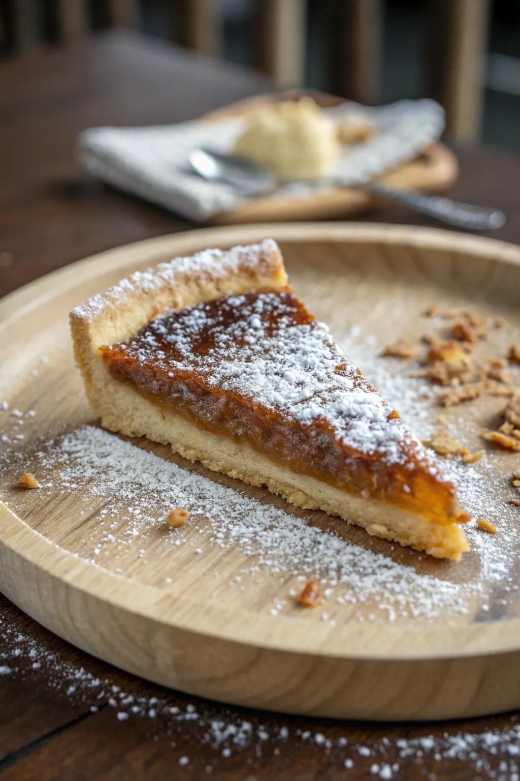 A pie slice with a charming rustic presentation.