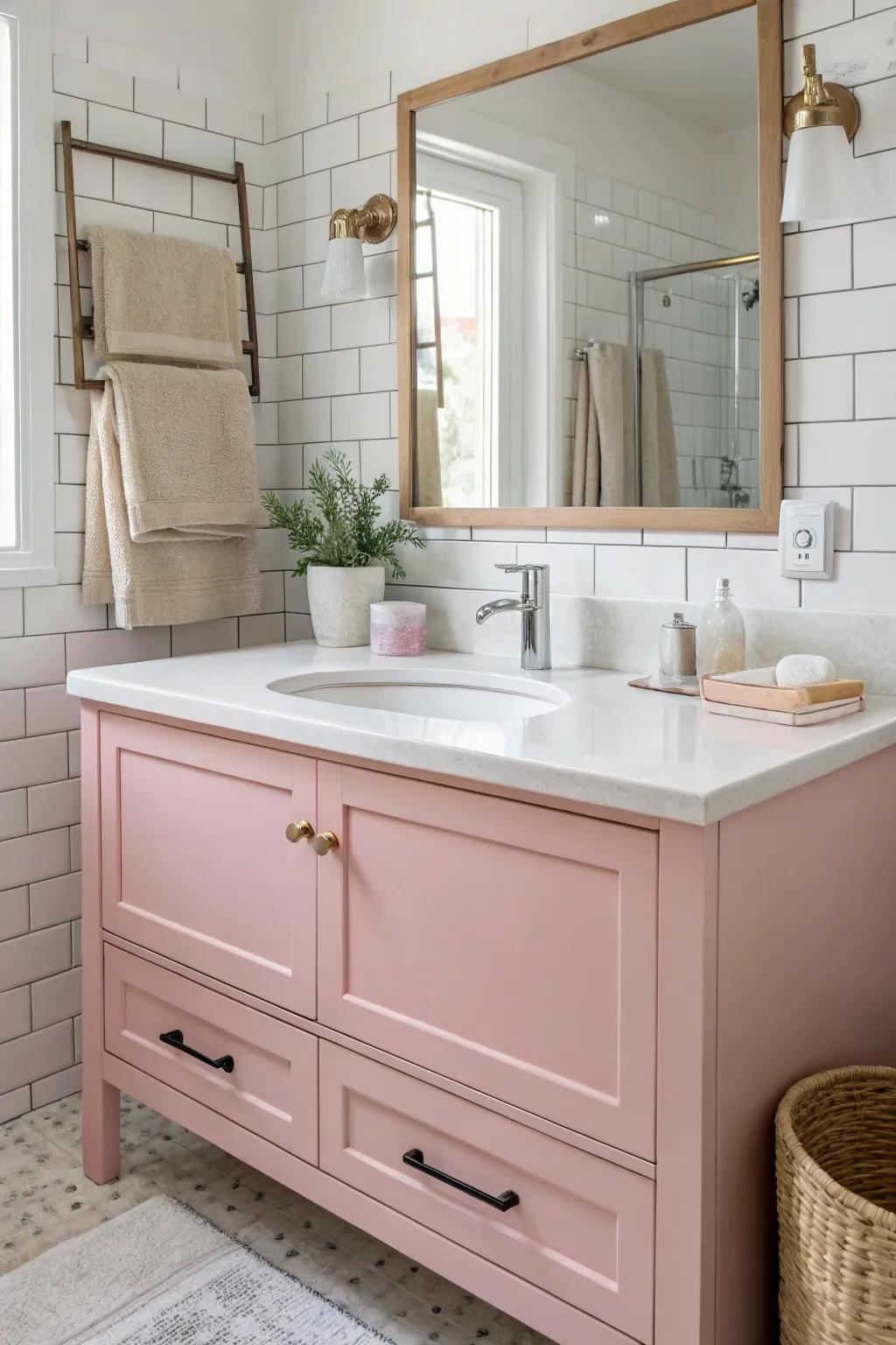 A pink vanity can be the focal point of the bathroom.