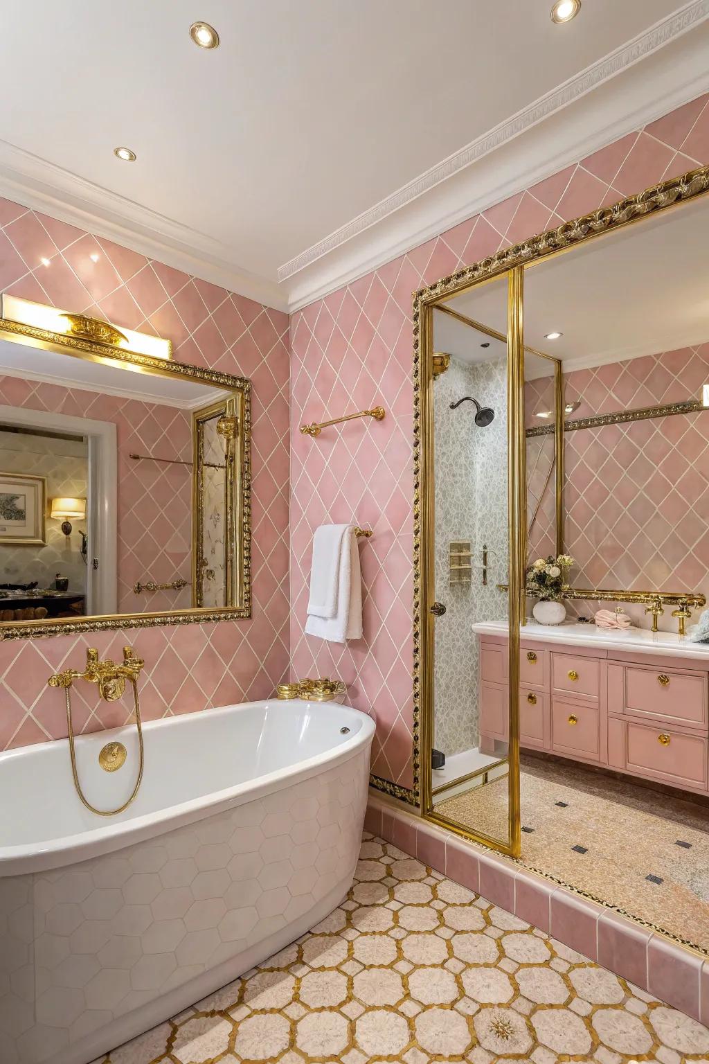 A luxurious bathroom with pink tiles and elegant gold accents.