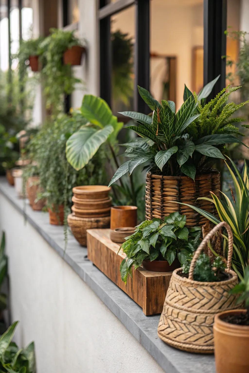Earthy tones create a calm and cohesive color palette on this plant ledge.