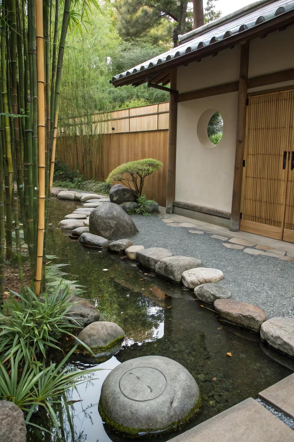 A Zen-inspired pond offers a calming retreat with minimalist features.