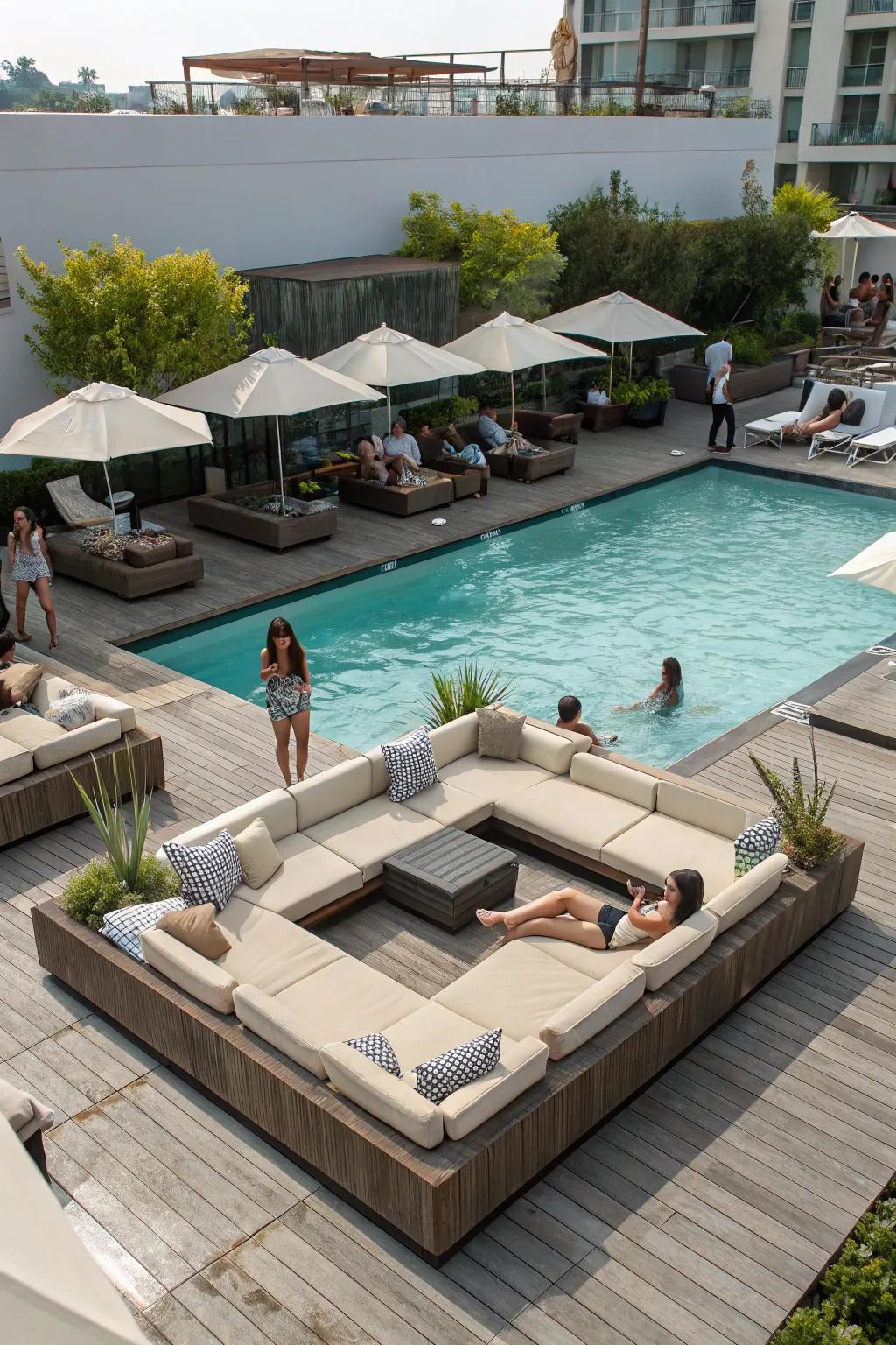 Flexible seating with modular sectionals on the pool deck.