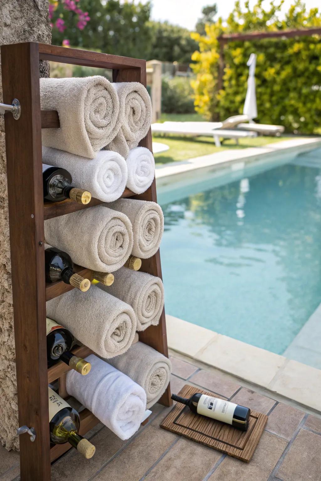 A wine rack creatively transformed into a towel holder.