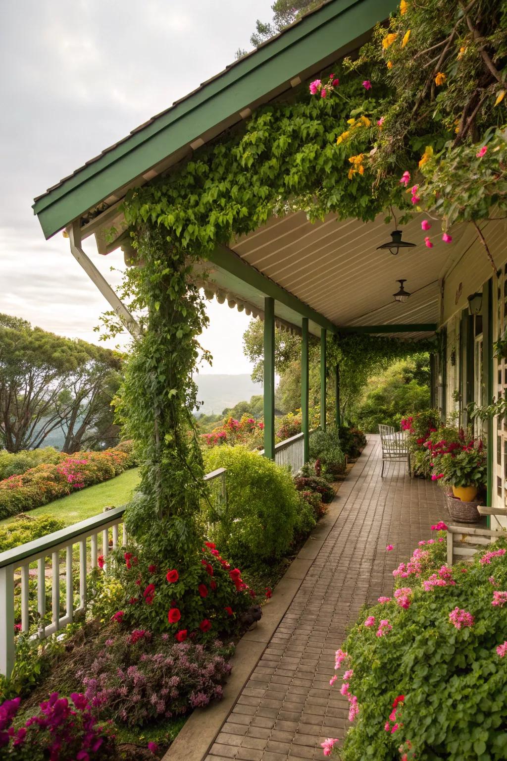 Nature meets design with a green porch roof.