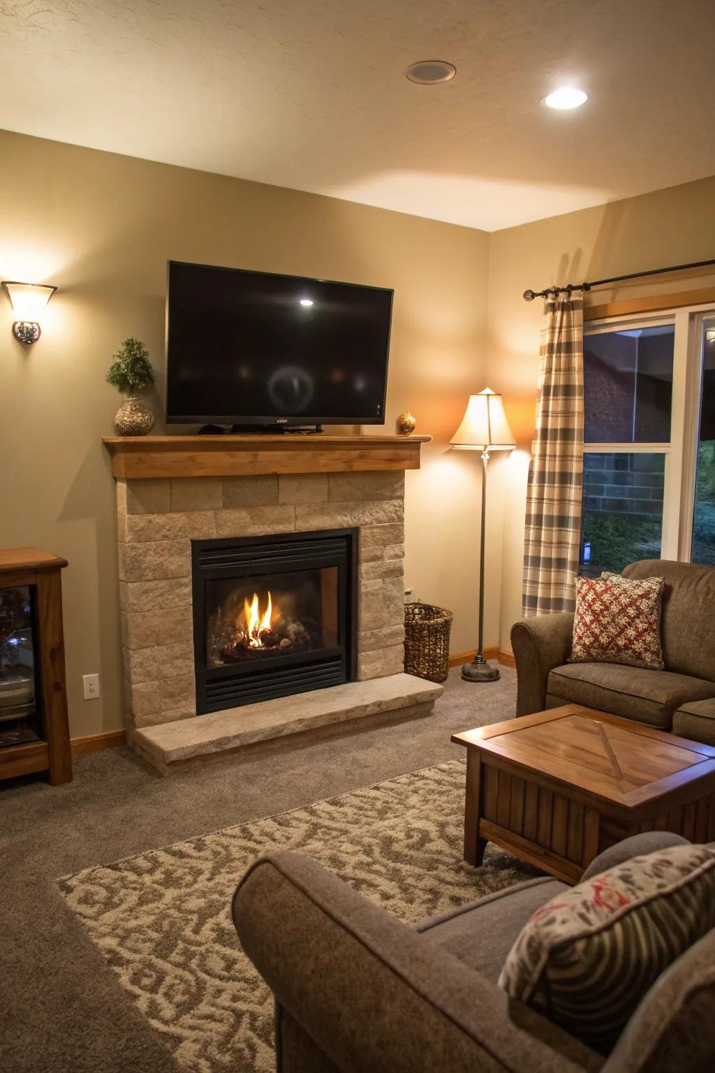 A living room featuring a propane fireplace with a TV setup.