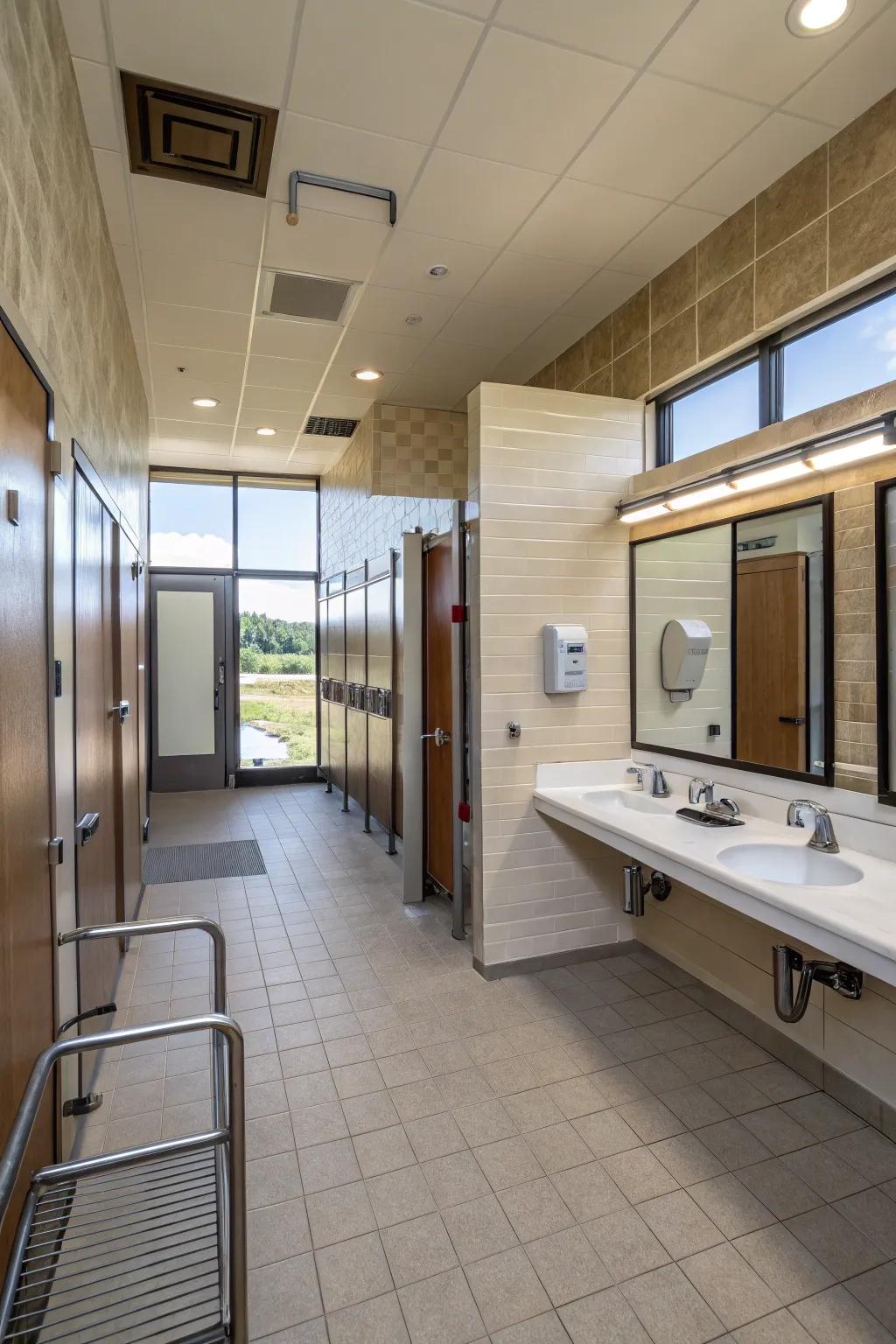 Accessibility features ensure inclusivity in public bathroom design.