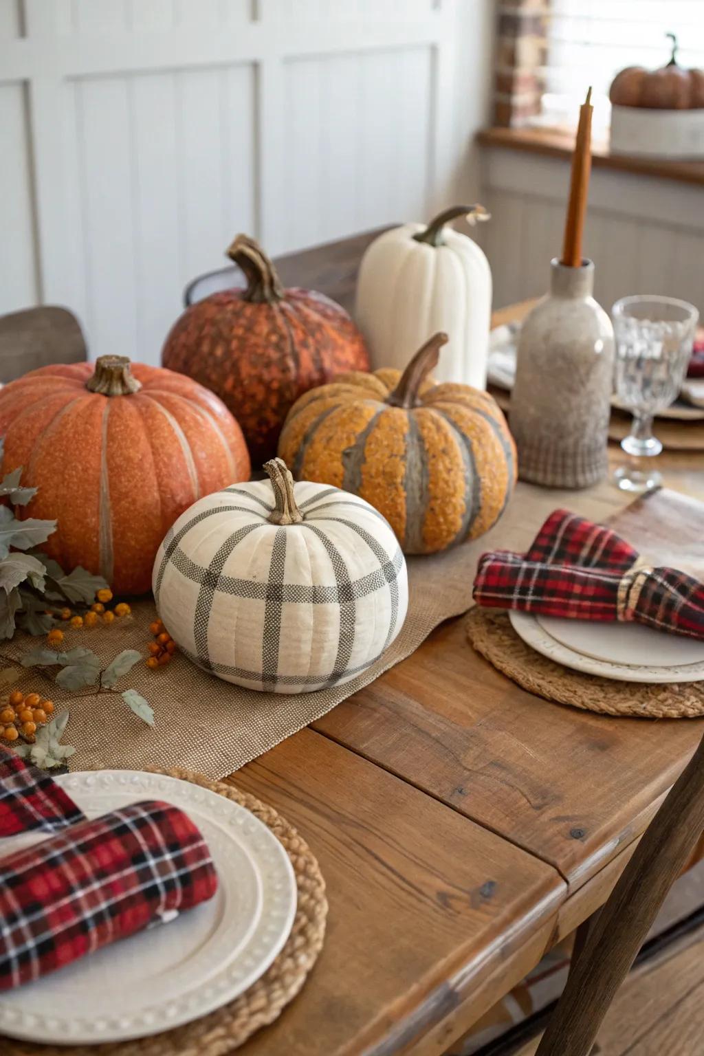 Bring rustic warmth to your home with plaid pattern pumpkins.