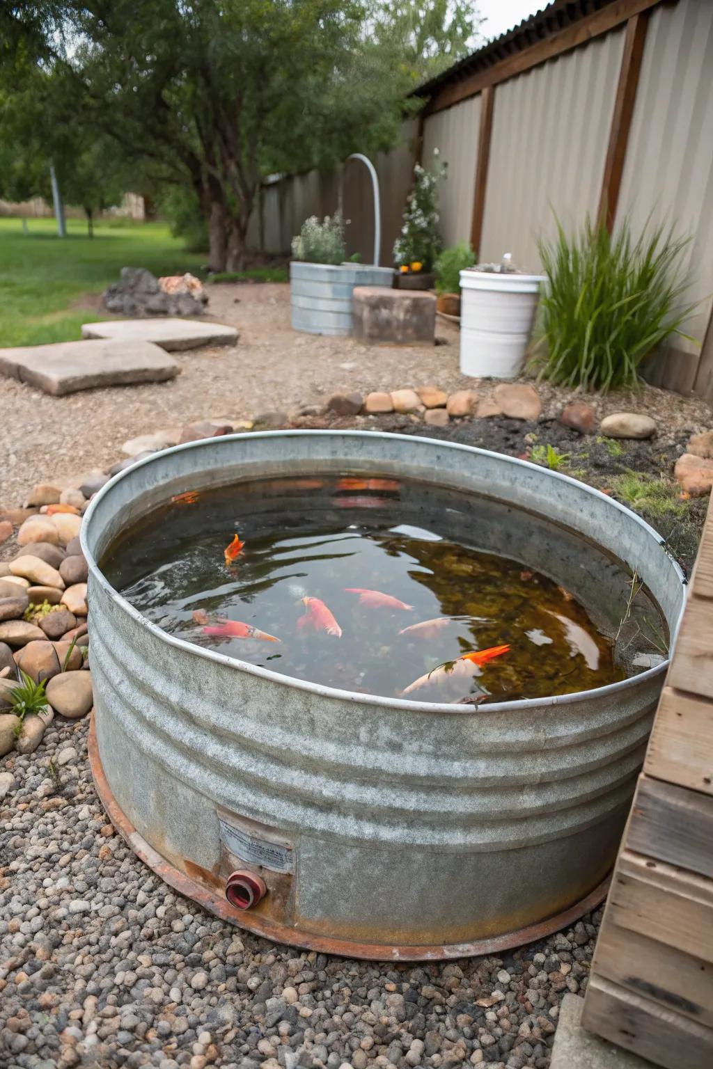 A chic and rustic galvanized stock tank koi pond.