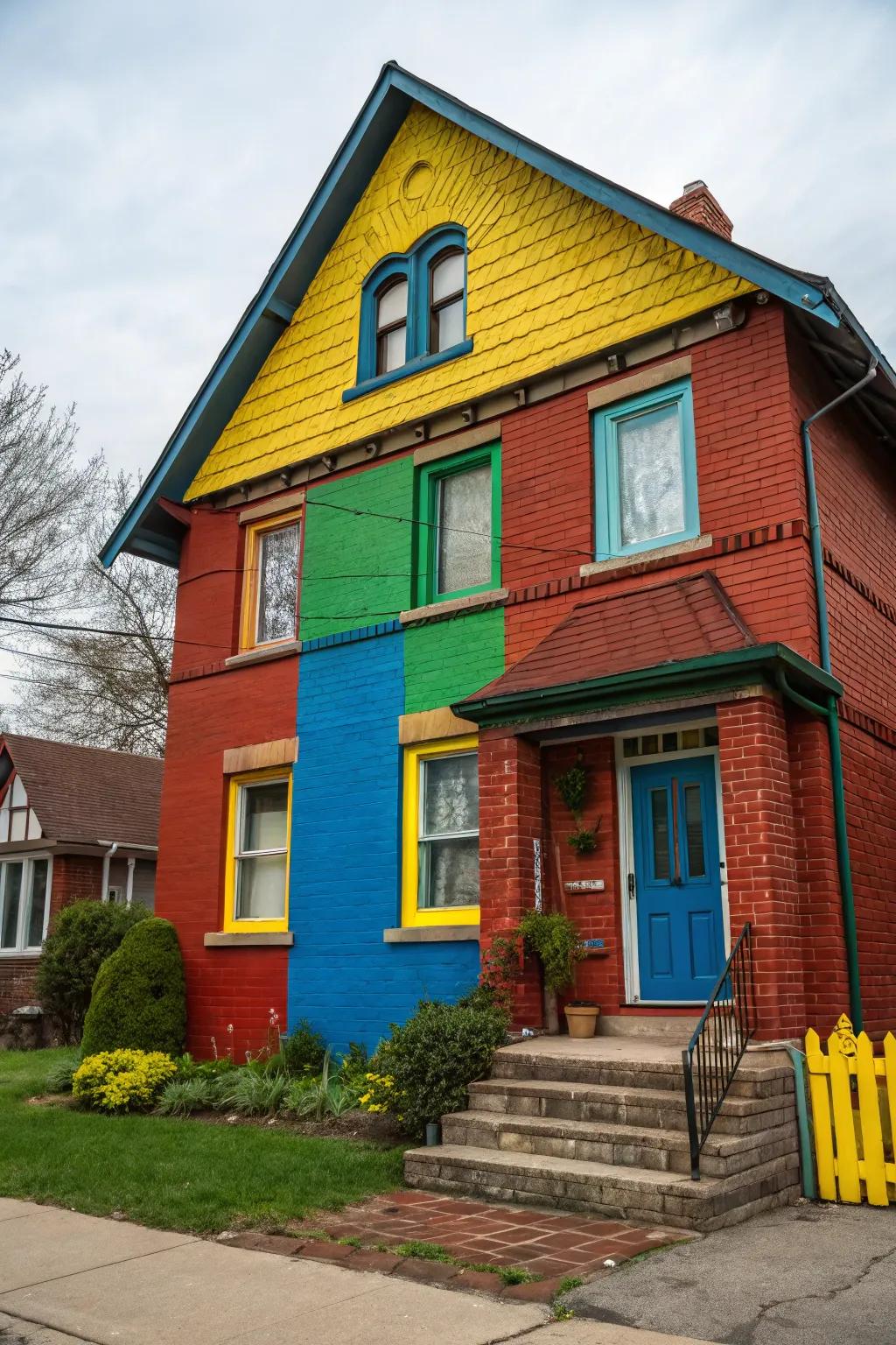 Color-blocking adds a modern twist to this red brick house.