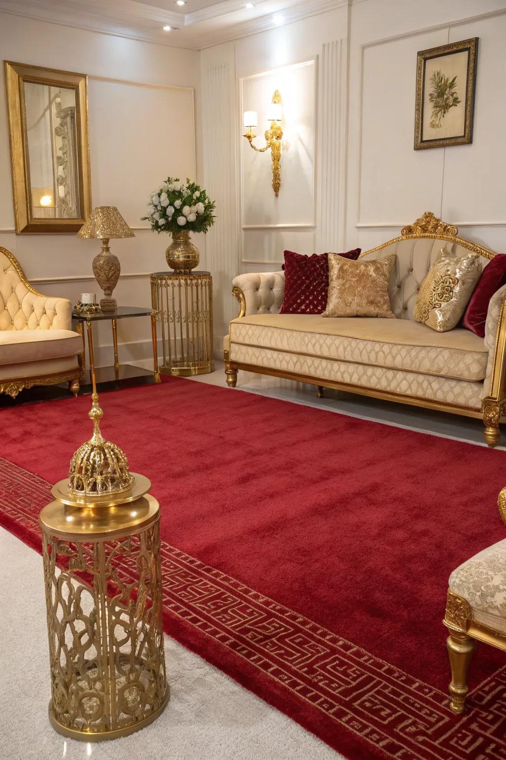 A luxurious living room where red and gold create a regal ambiance.