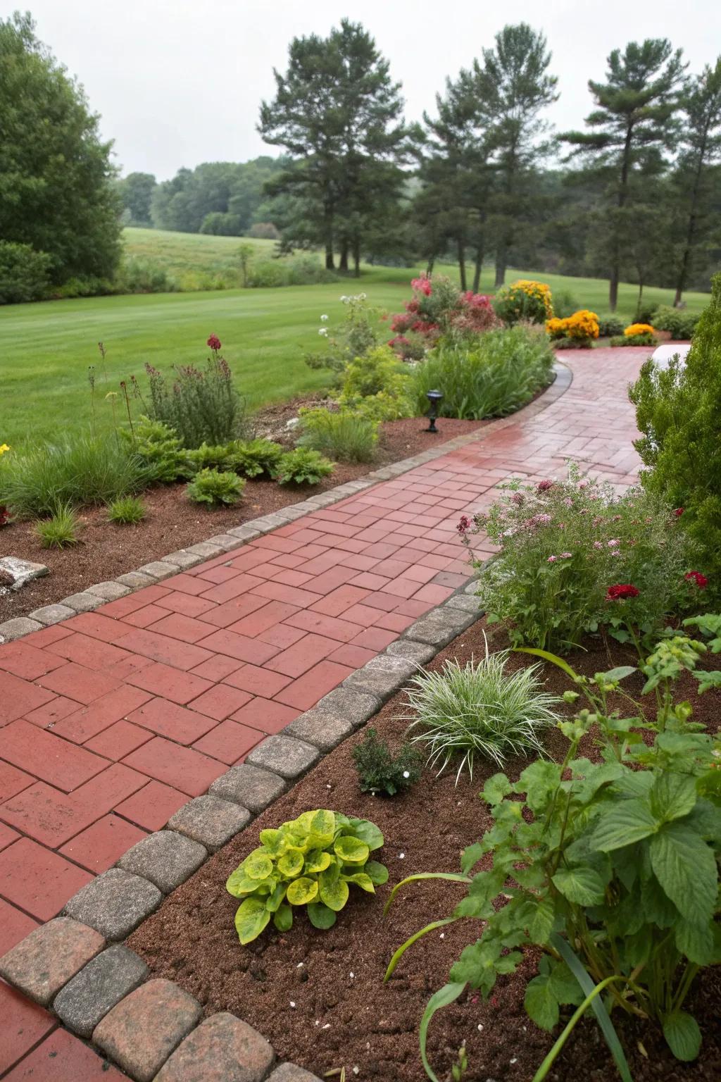 Eco-friendly rain gardens complement the beauty of red pavers.