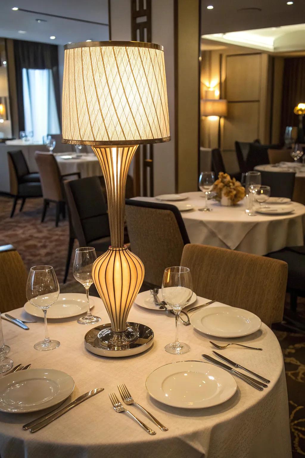 Sculptural table lamp as a centerpiece on an elegant restaurant table.