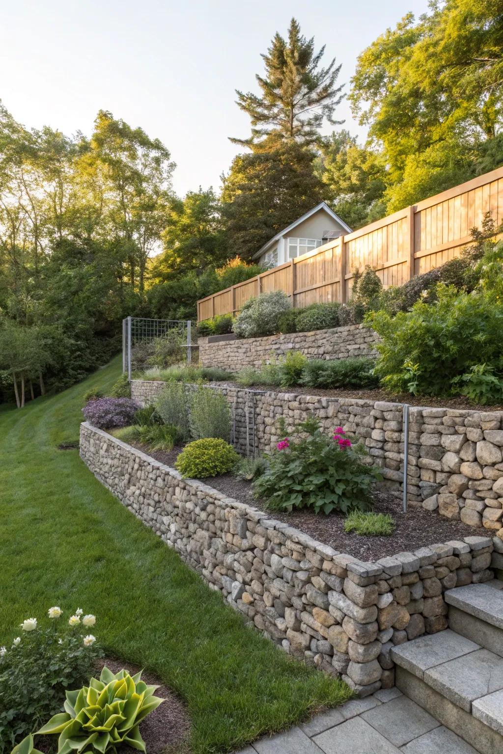 Gabion walls offer a modern, industrial aesthetic with natural elements.